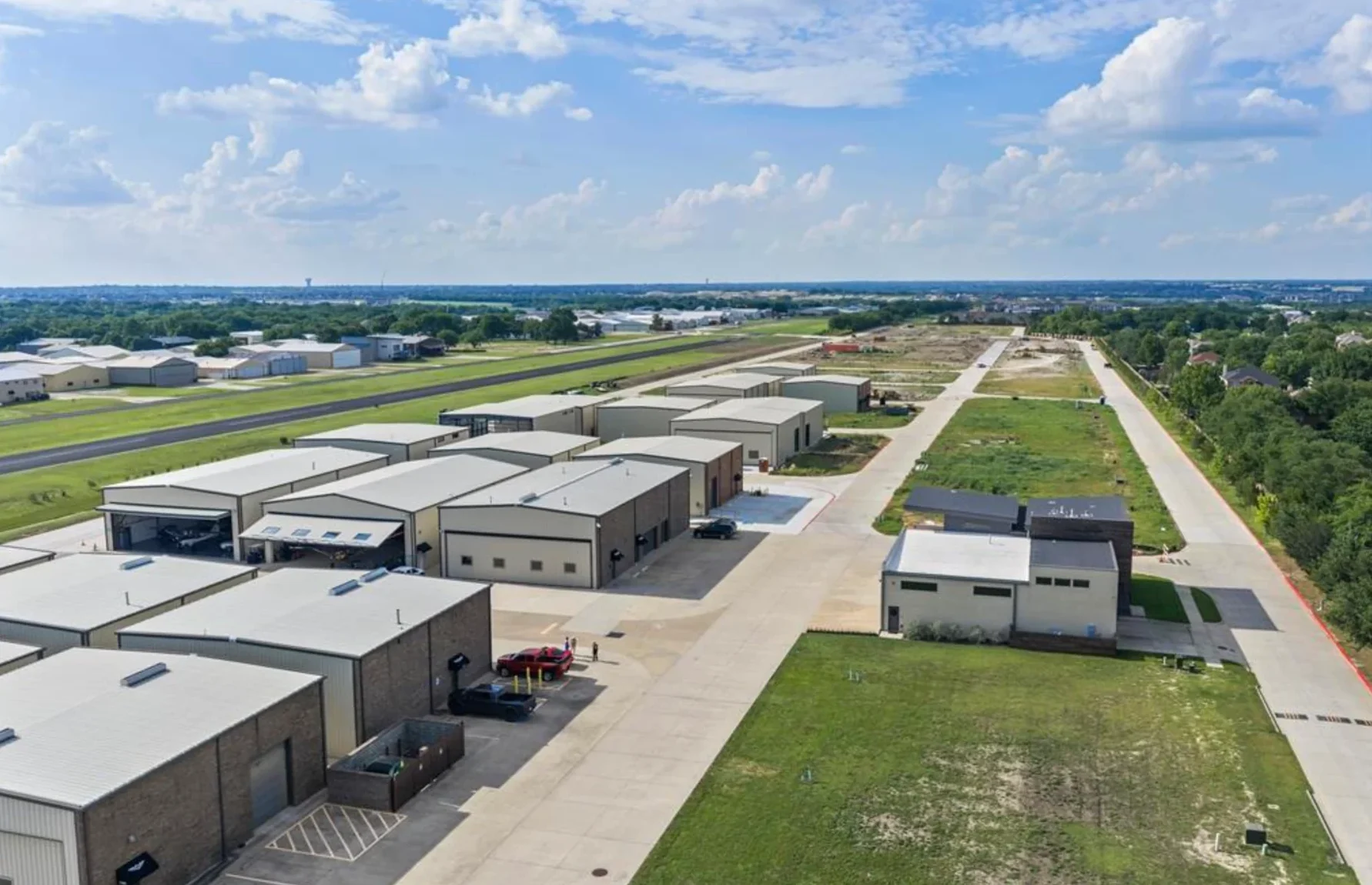 Aerial view of Aero Country East hangars and runway